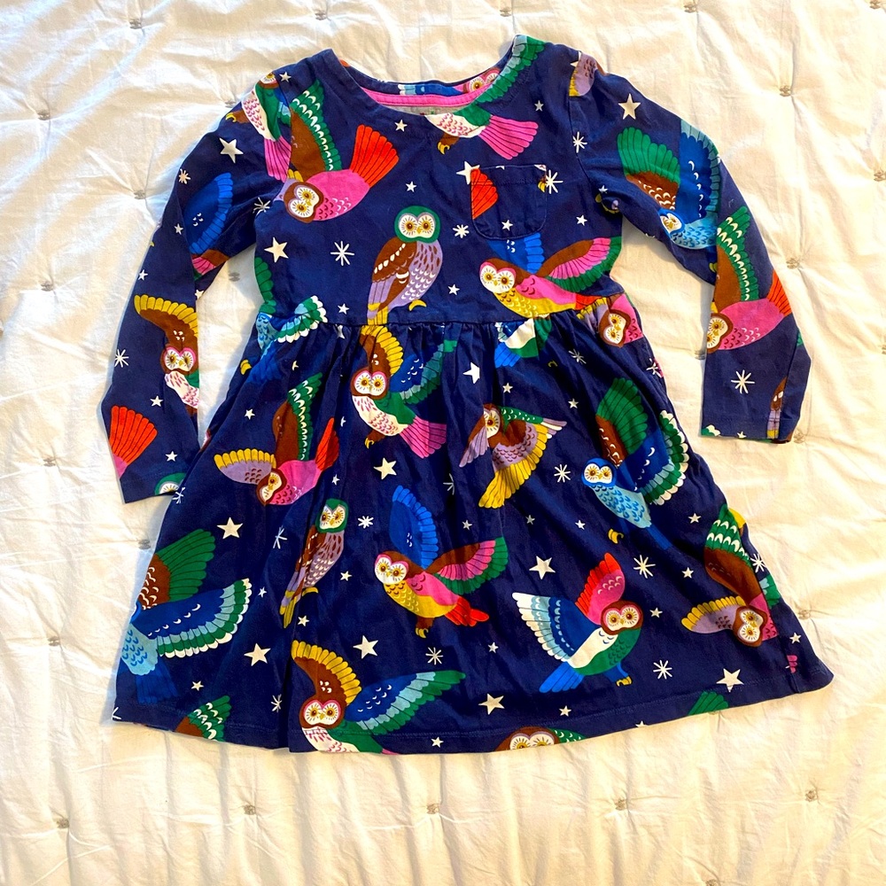 Mini Boden Blue Dress with Colorful Owl Print